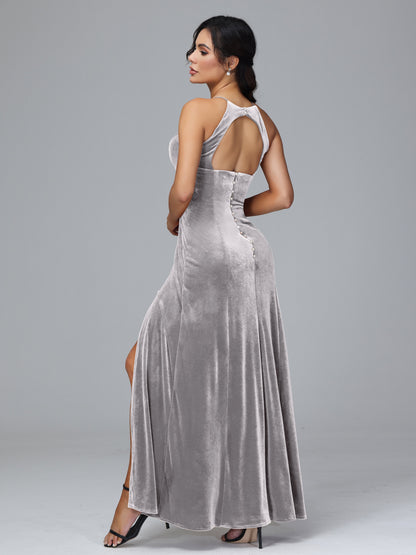 Halter Open Back Velvet Bridesmaid Dress