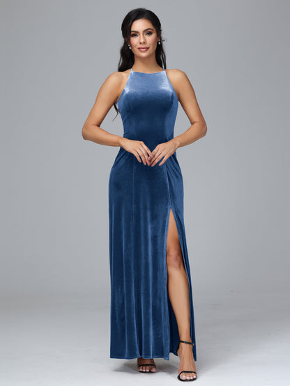 Halter Open Back Velvet Bridesmaid Dress