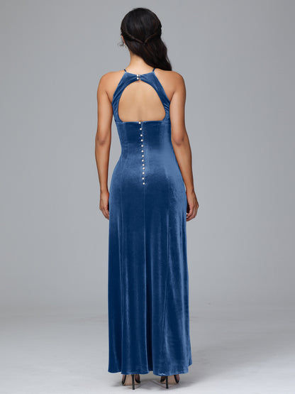 Halter Open Back Velvet Bridesmaid Dress