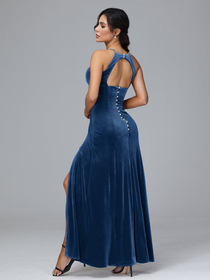 Halter Open Back Velvet Bridesmaid Dress
