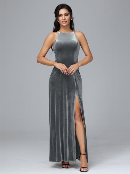 Halter Open Back Velvet Bridesmaid Dress