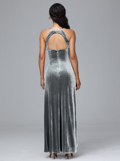 Halter Open Back Velvet Bridesmaid Dress