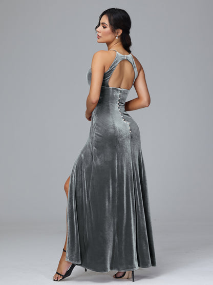 Halter Open Back Velvet Bridesmaid Dress