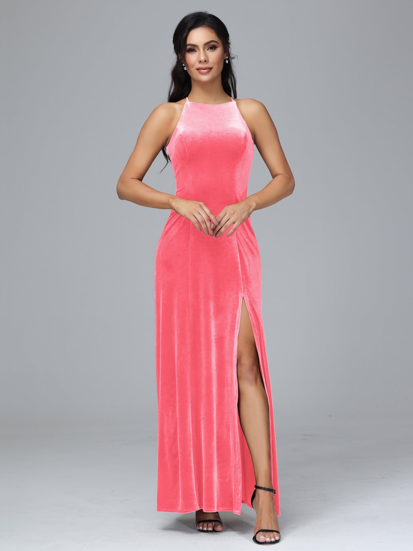 Halter Open Back Velvet Bridesmaid Dress