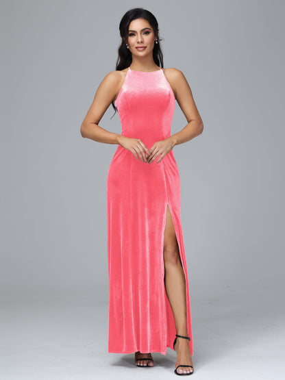 Halter Open Back Velvet Bridesmaid Dress