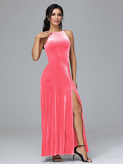 Halter Open Back Velvet Bridesmaid Dress