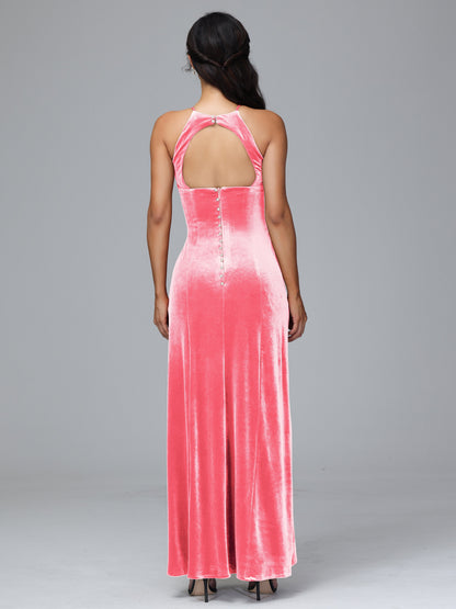 Halter Open Back Velvet Bridesmaid Dress
