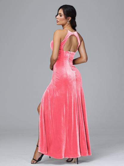 Halter Open Back Velvet Bridesmaid Dress