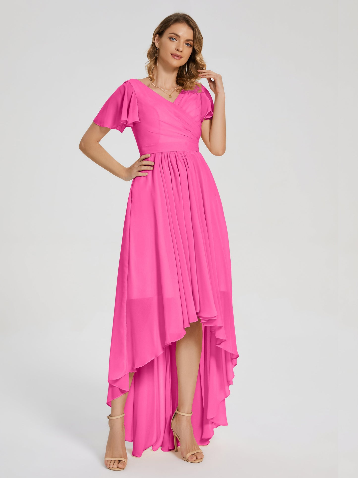 Evangeline High Low Short Sleeves Chiffon Bridesmaid Dress