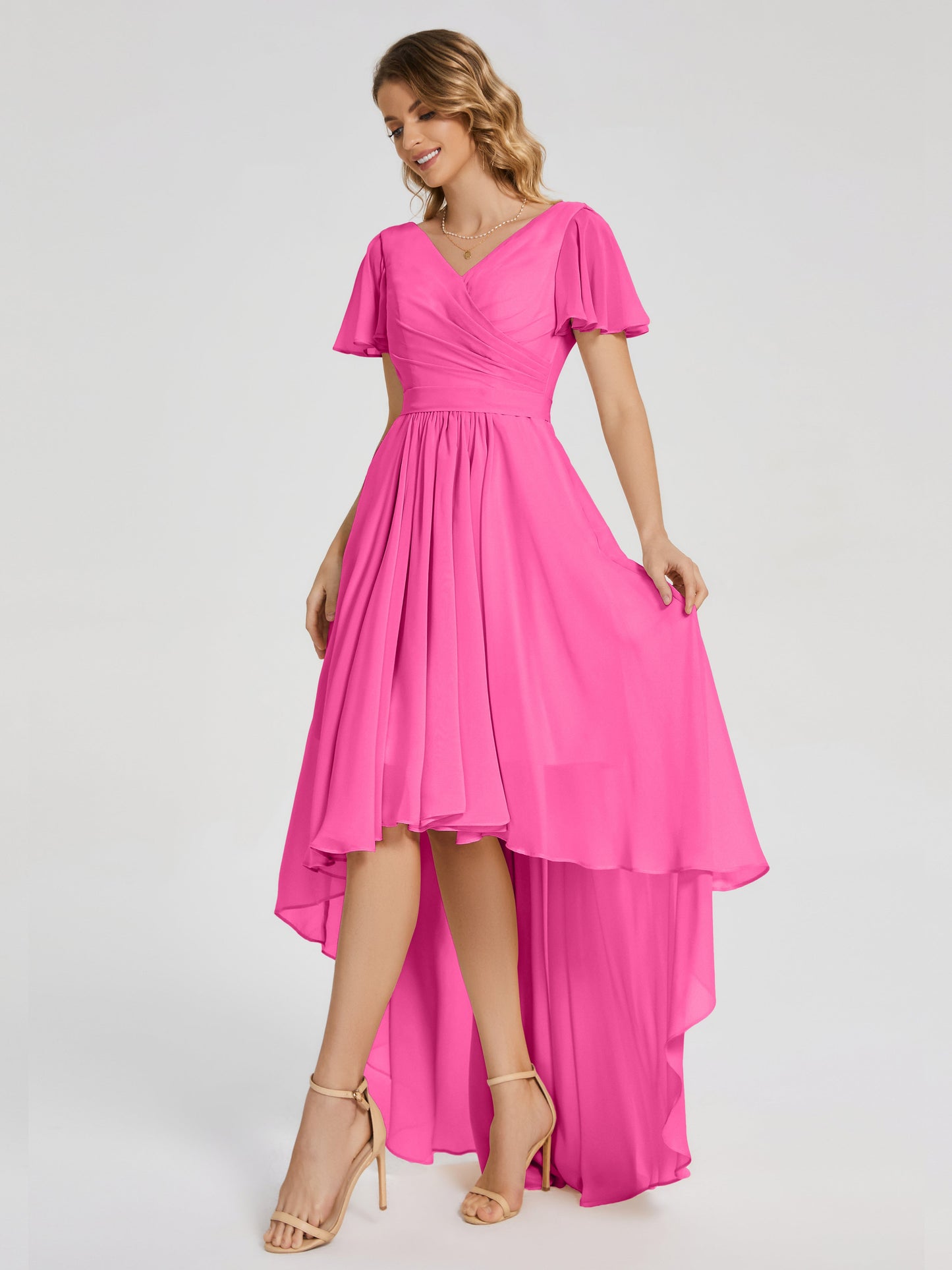 Evangeline High Low Short Sleeves Chiffon Bridesmaid Dress