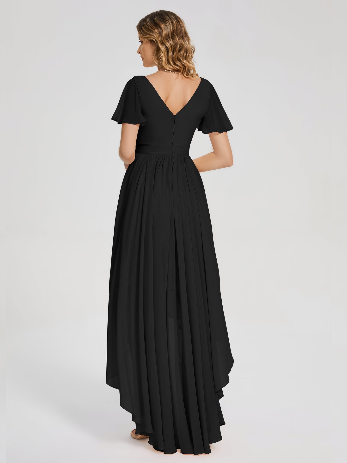 Evangeline High Low Short Sleeves Chiffon Bridesmaid Dress