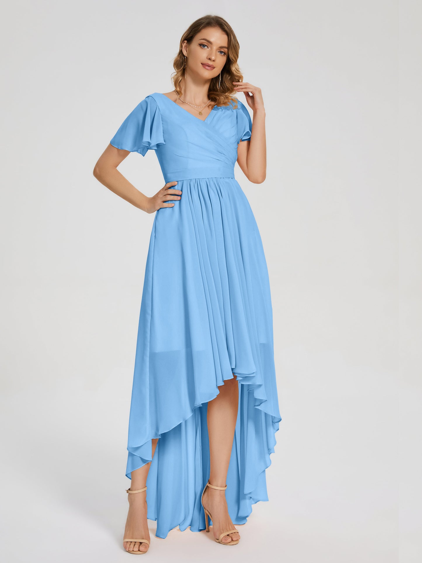 Evangeline High Low Short Sleeves Chiffon Bridesmaid Dress