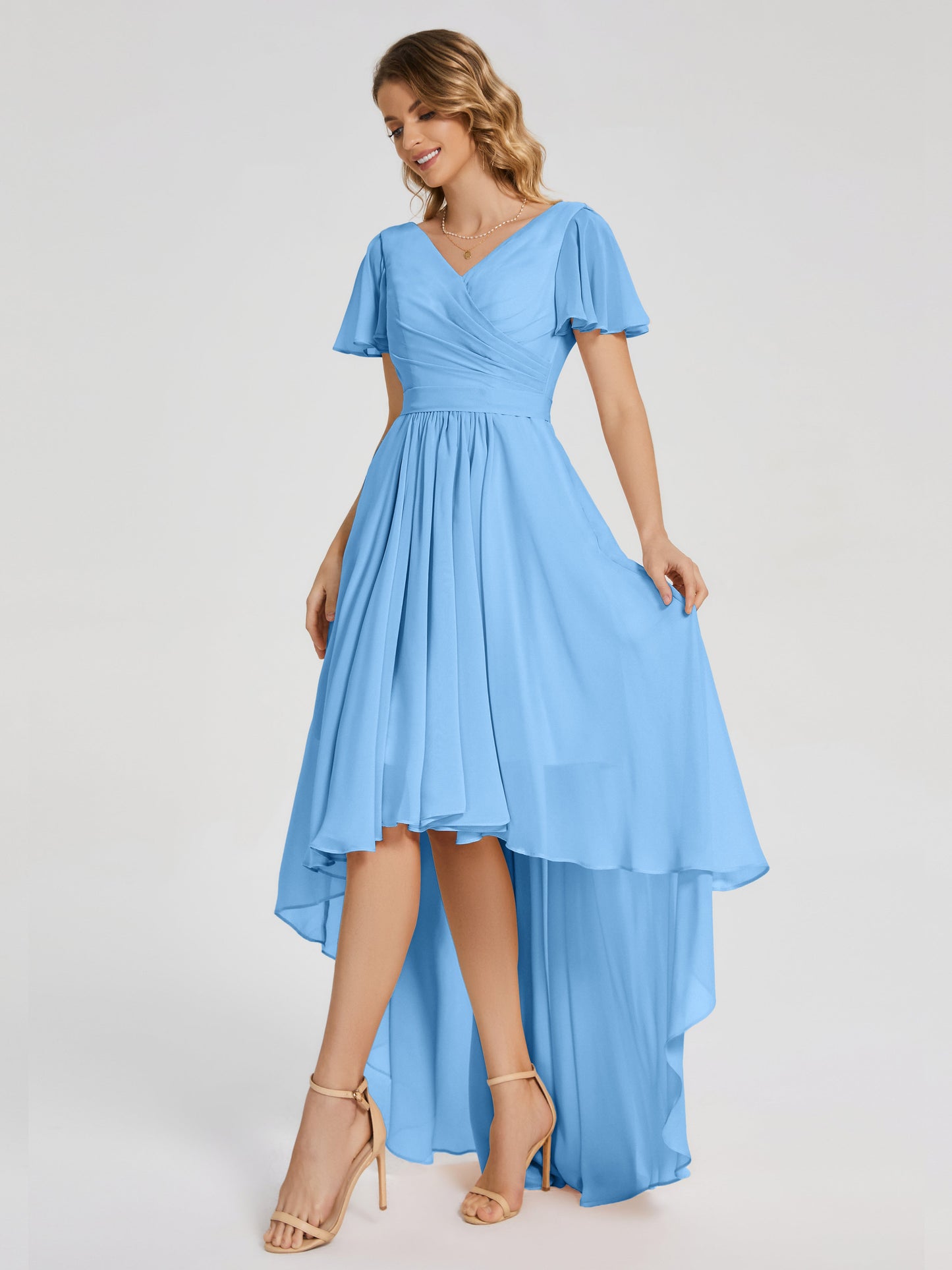 Evangeline High Low Short Sleeves Chiffon Bridesmaid Dress