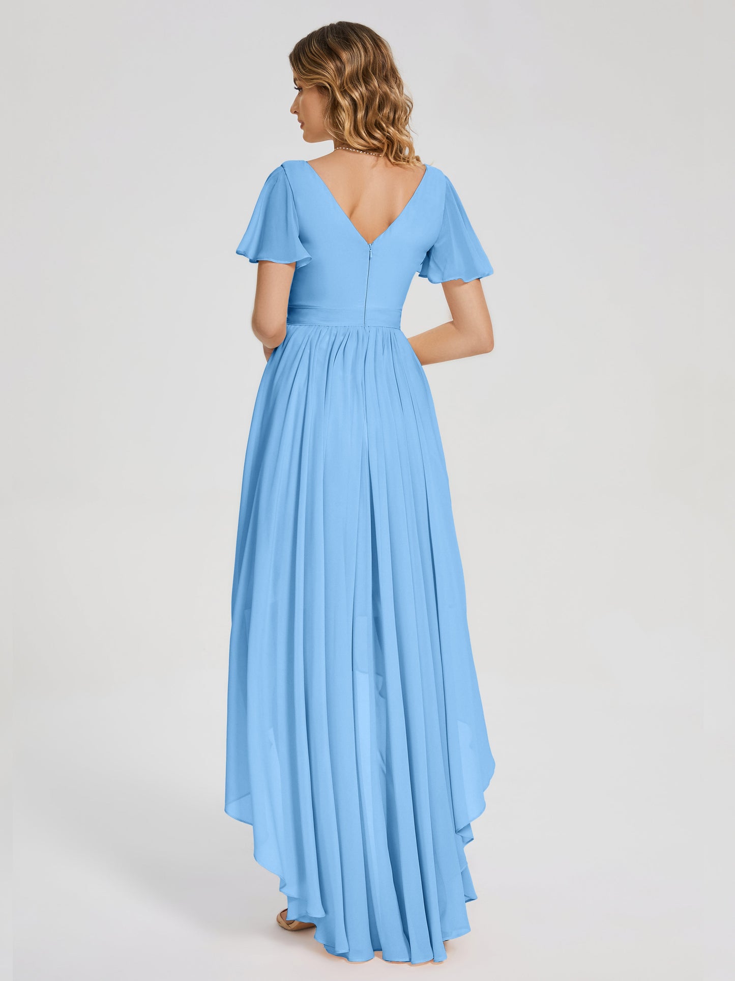 Evangeline High Low Short Sleeves Chiffon Bridesmaid Dress