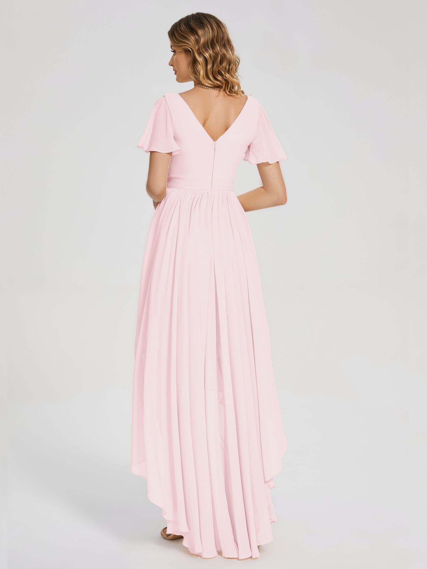 Evangeline High Low Short Sleeves Chiffon Bridesmaid Dress