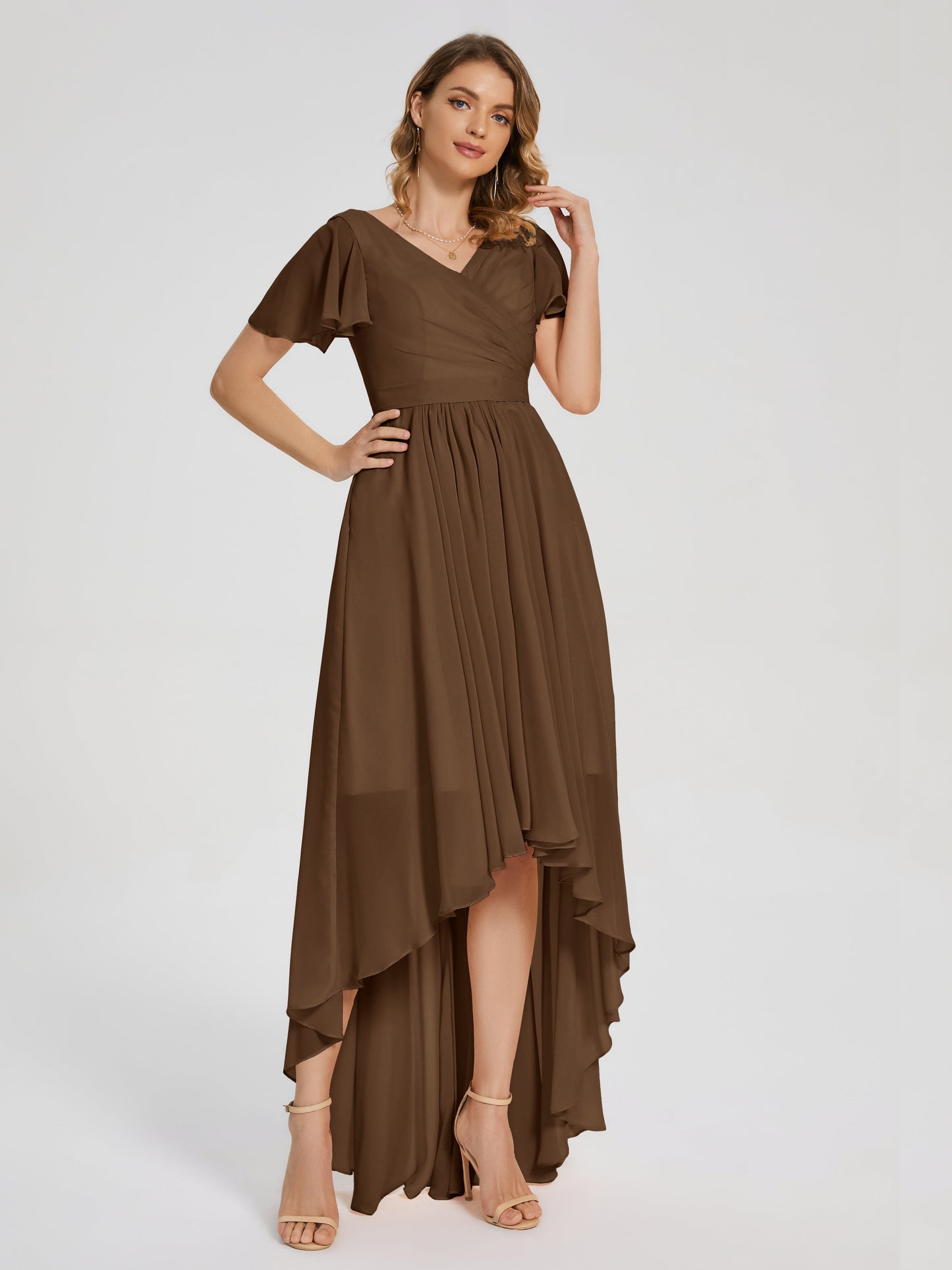 Evangeline High Low Short Sleeves Chiffon Bridesmaid Dress