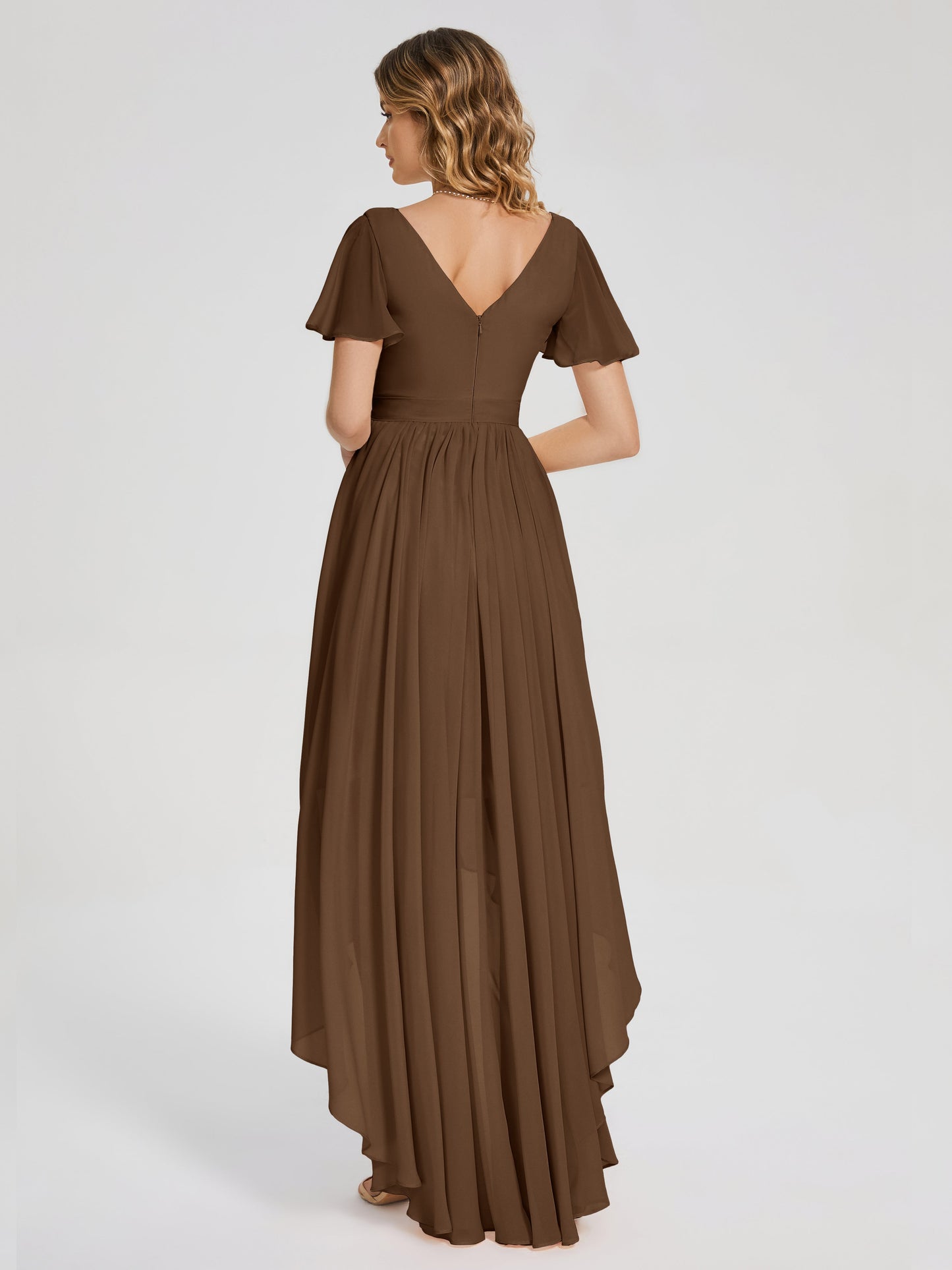 Evangeline High Low Short Sleeves Chiffon Bridesmaid Dress