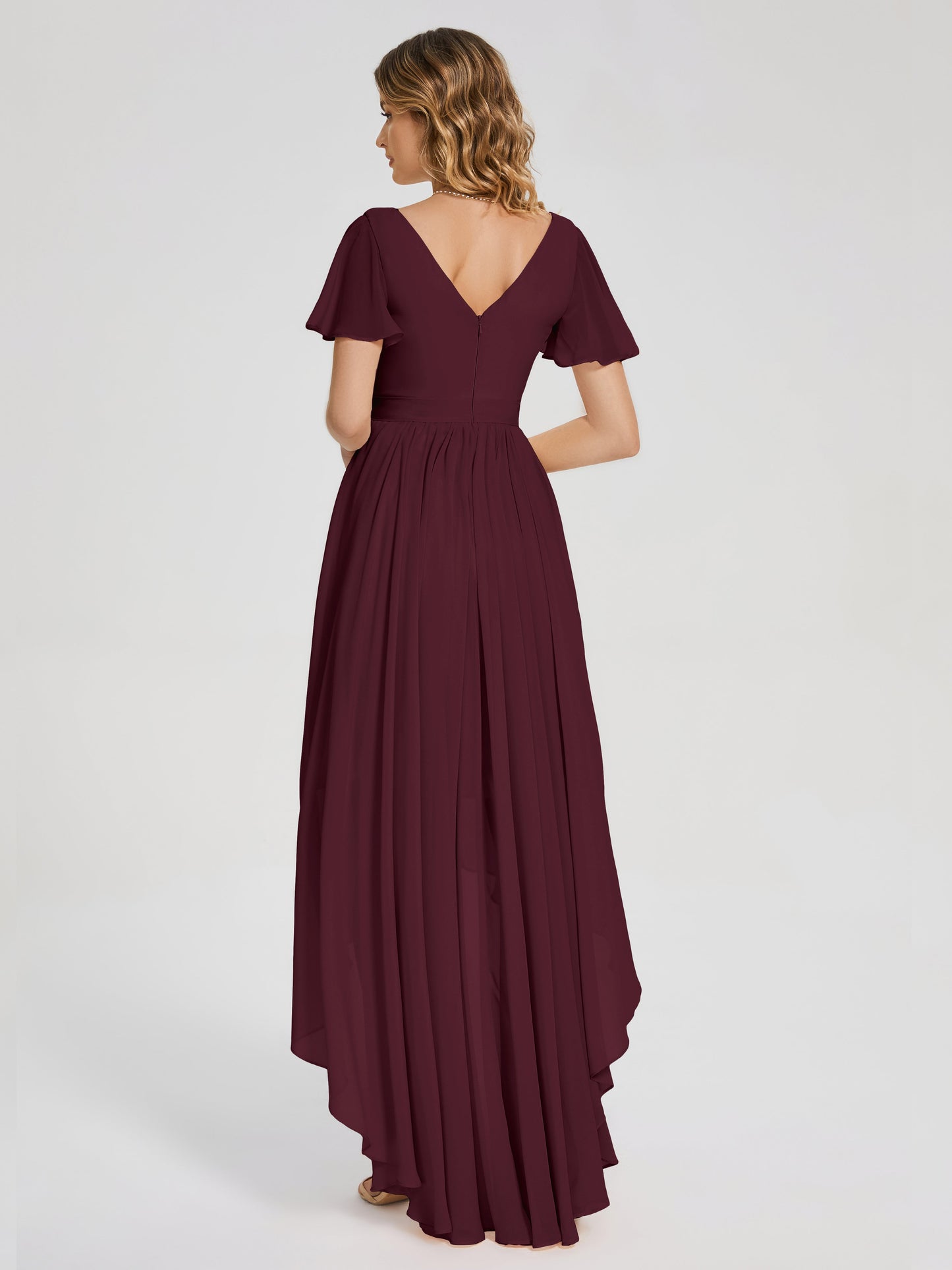 Evangeline High Low Short Sleeves Chiffon Bridesmaid Dress