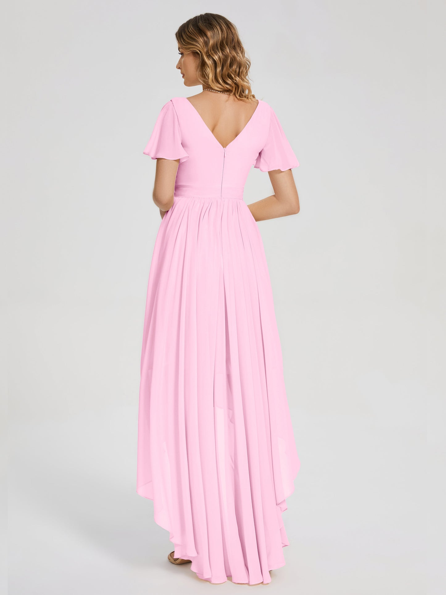 Evangeline High Low Short Sleeves Chiffon Bridesmaid Dress
