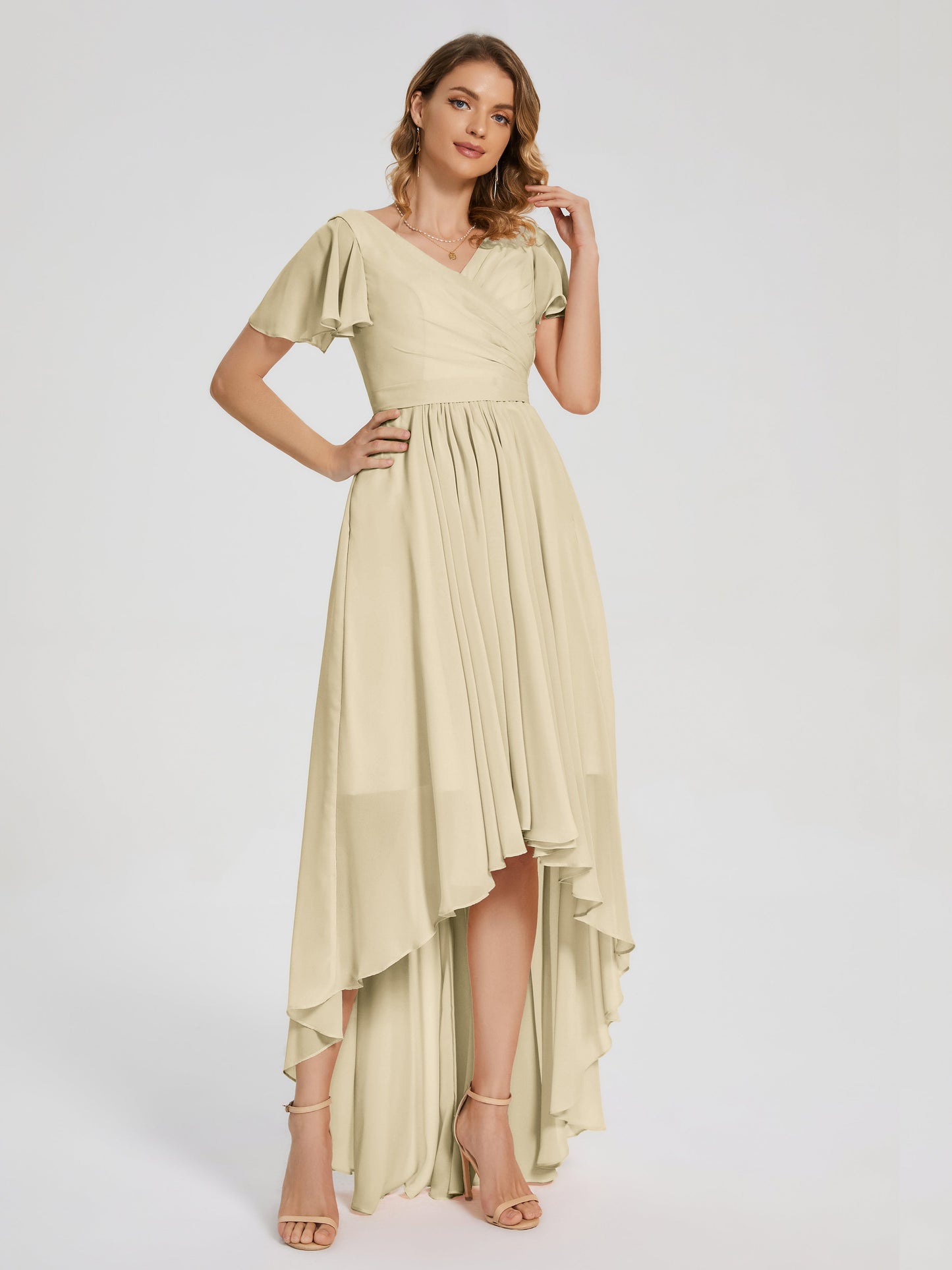 Evangeline High Low Short Sleeves Chiffon Bridesmaid Dress