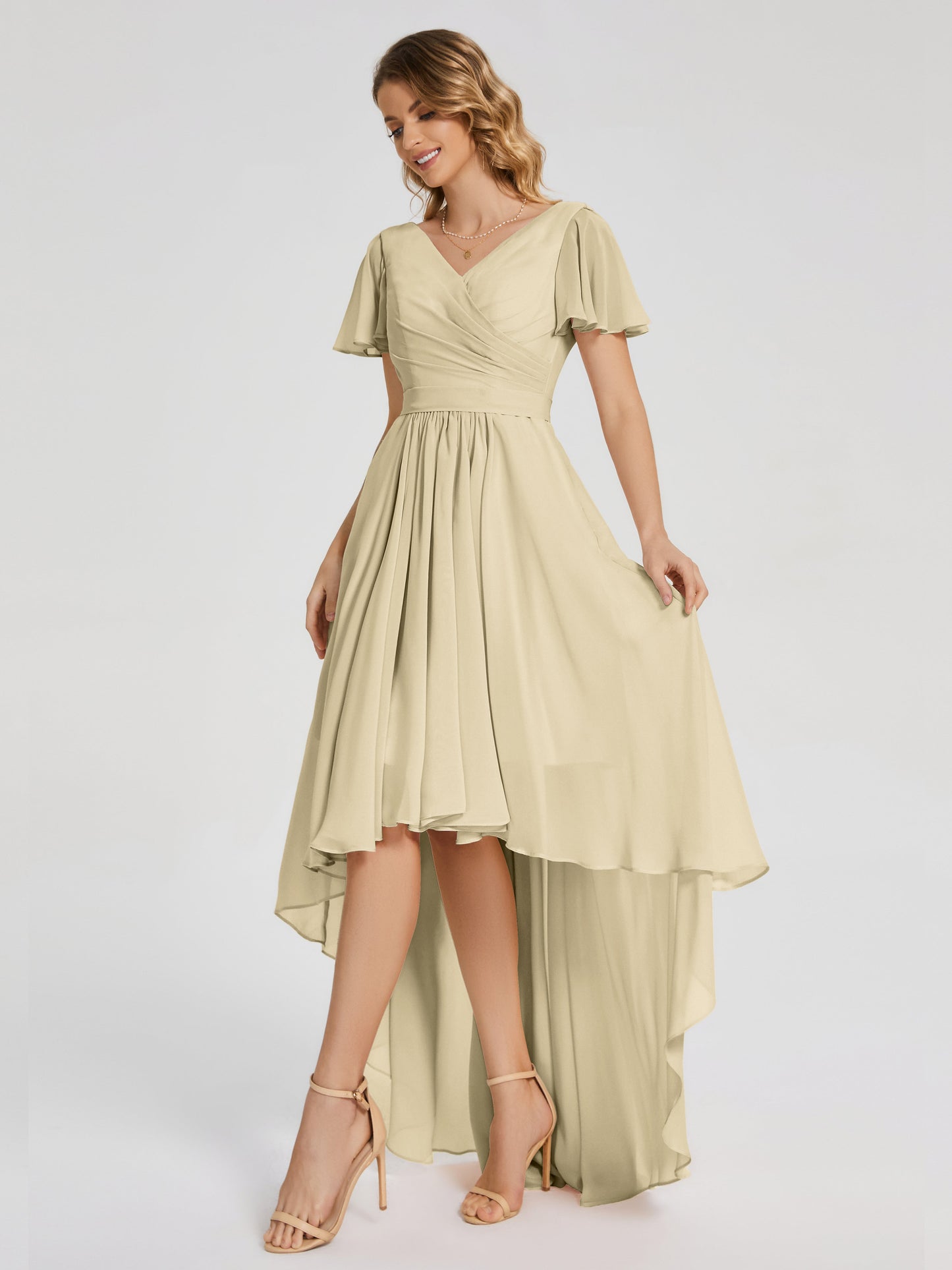 Evangeline High Low Short Sleeves Chiffon Bridesmaid Dress