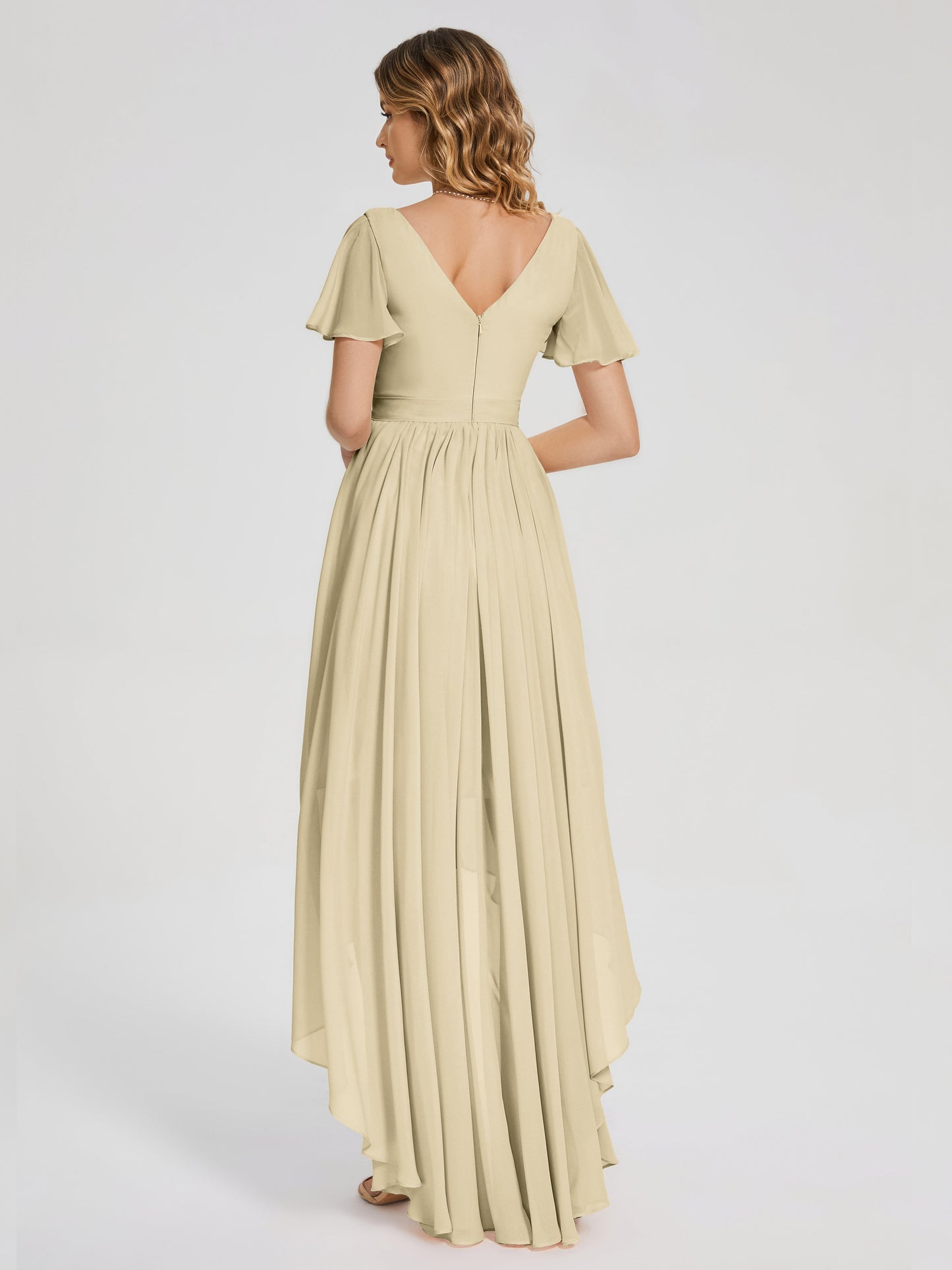 Evangeline High Low Short Sleeves Chiffon Bridesmaid Dress