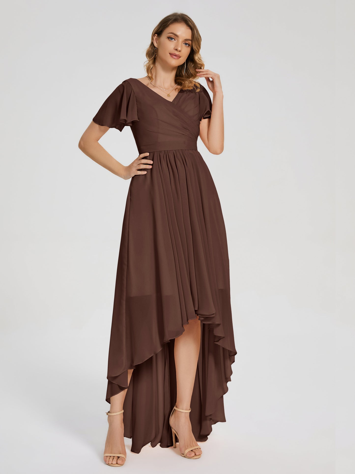 Evangeline High Low Short Sleeves Chiffon Bridesmaid Dress
