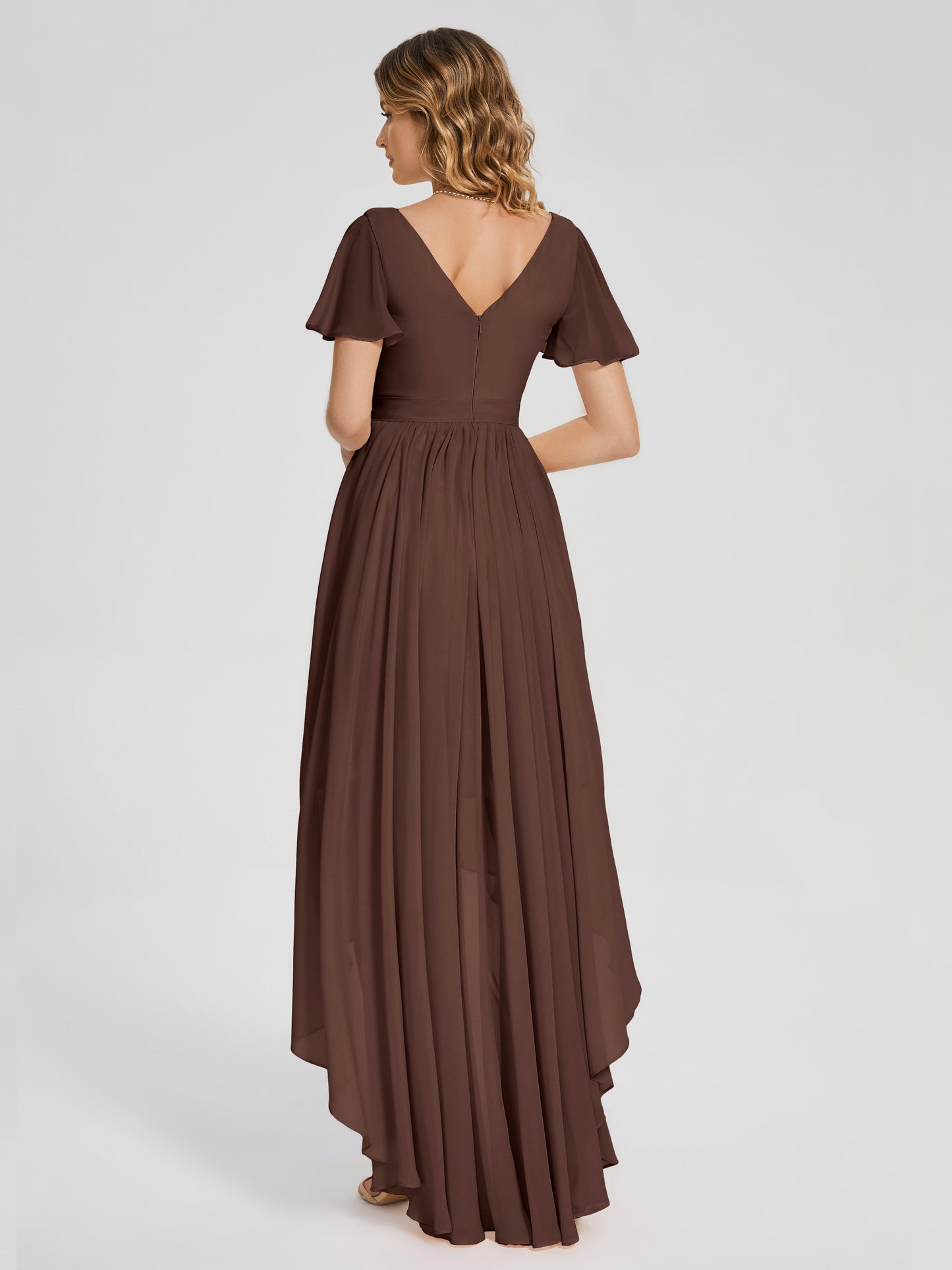 Evangeline High Low Short Sleeves Chiffon Bridesmaid Dress