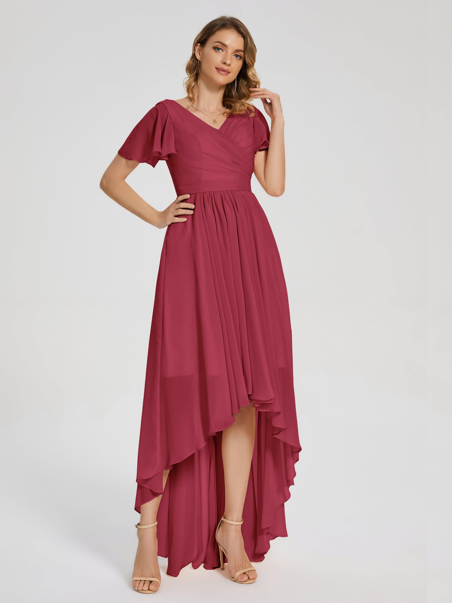 Evangeline High Low Short Sleeves Chiffon Bridesmaid Dress