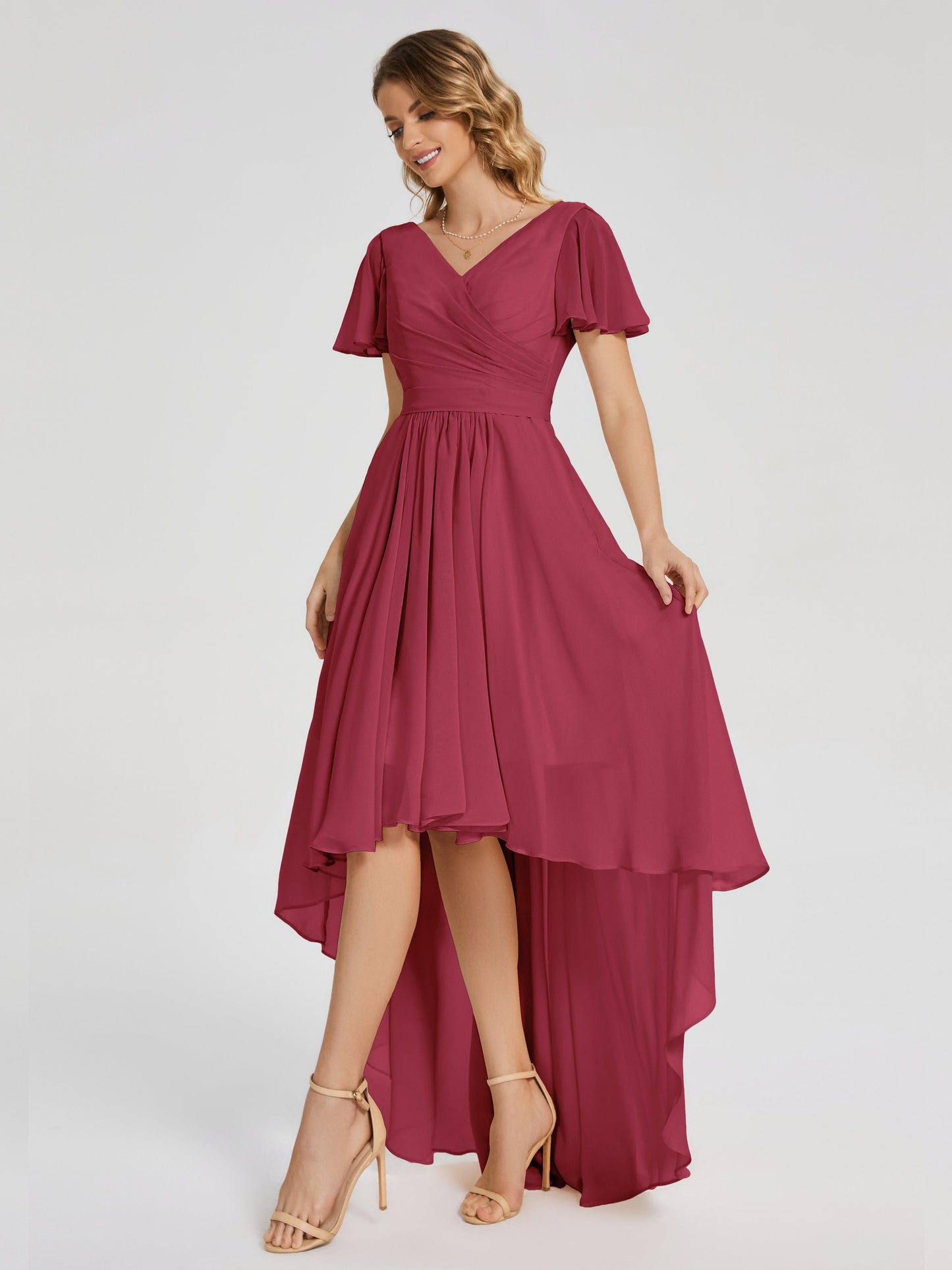 Evangeline High Low Short Sleeves Chiffon Bridesmaid Dress
