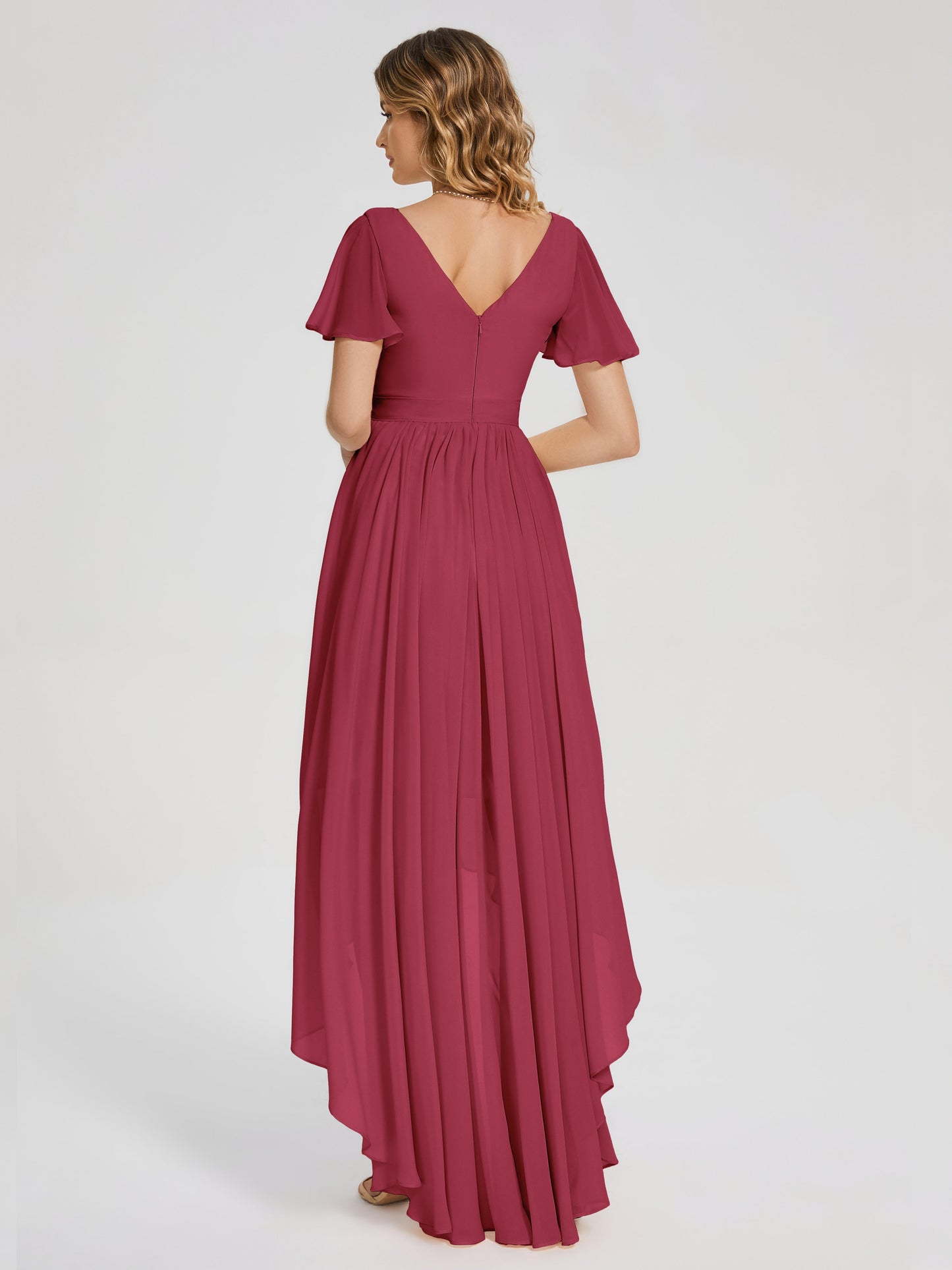 Evangeline High Low Short Sleeves Chiffon Bridesmaid Dress