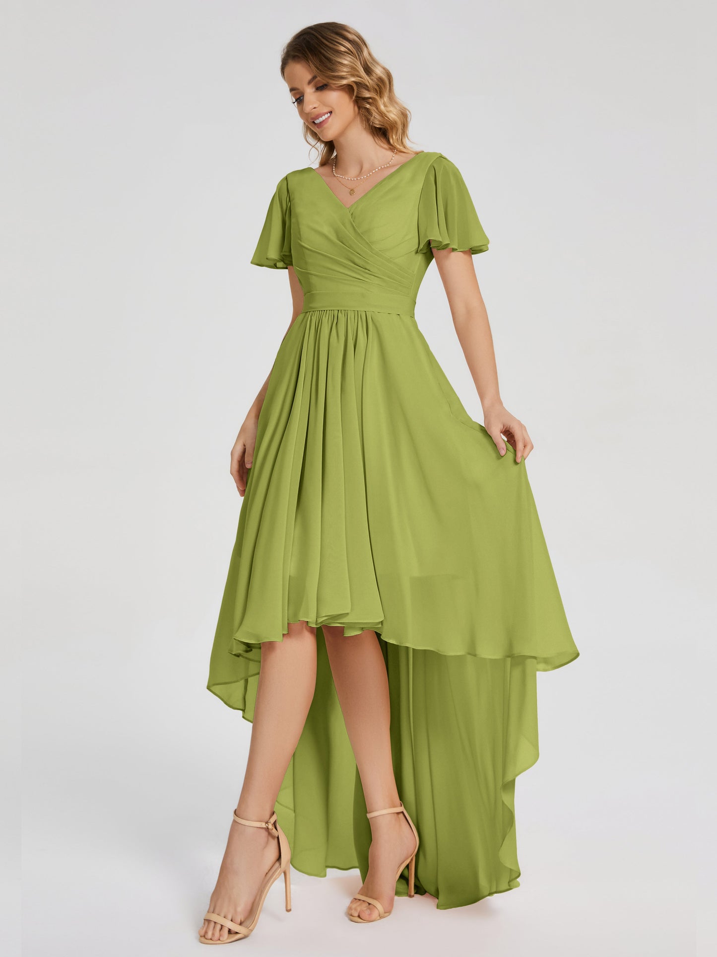 Evangeline High Low Short Sleeves Chiffon Bridesmaid Dress