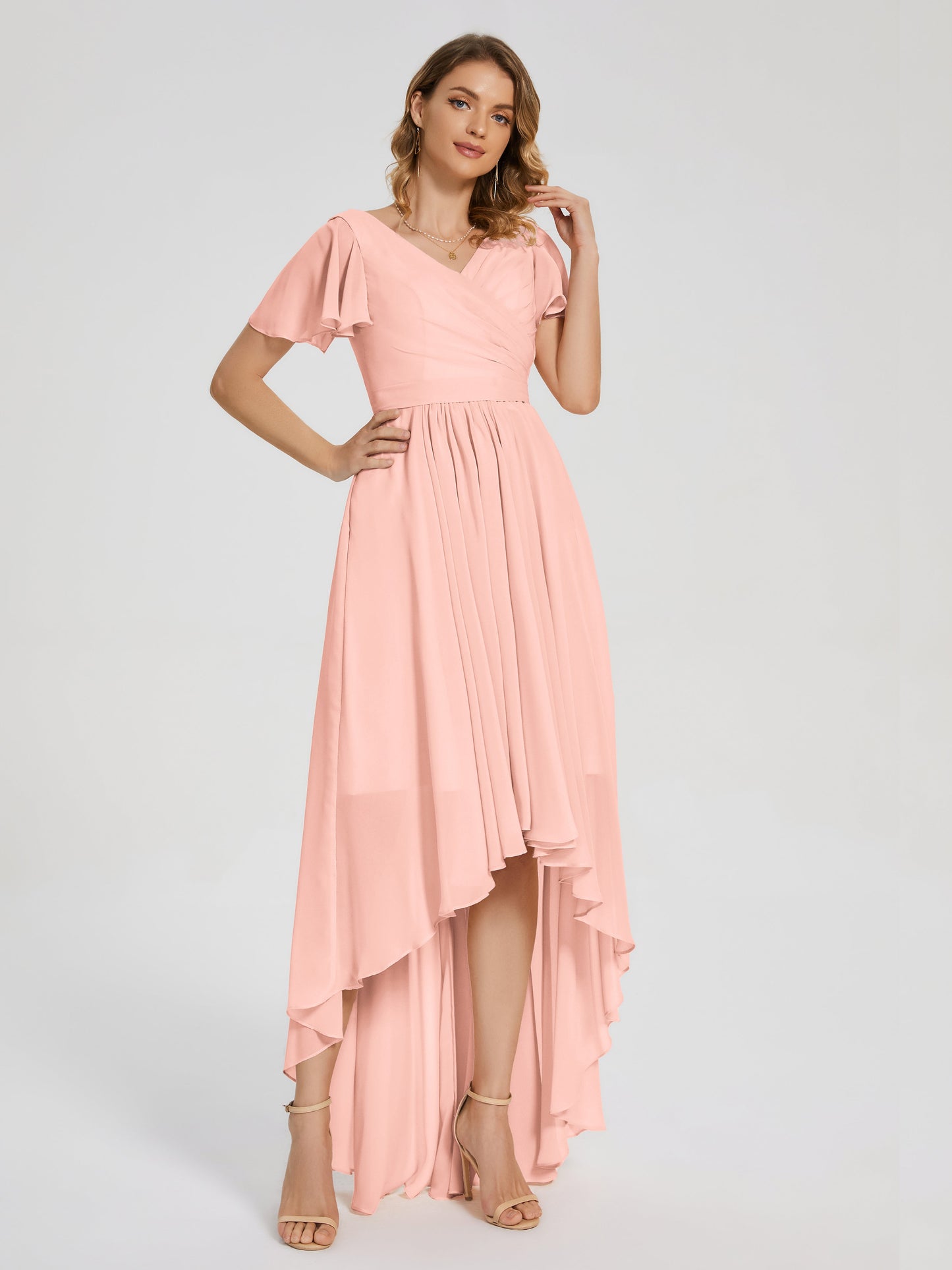 Evangeline High Low Short Sleeves Chiffon Bridesmaid Dress