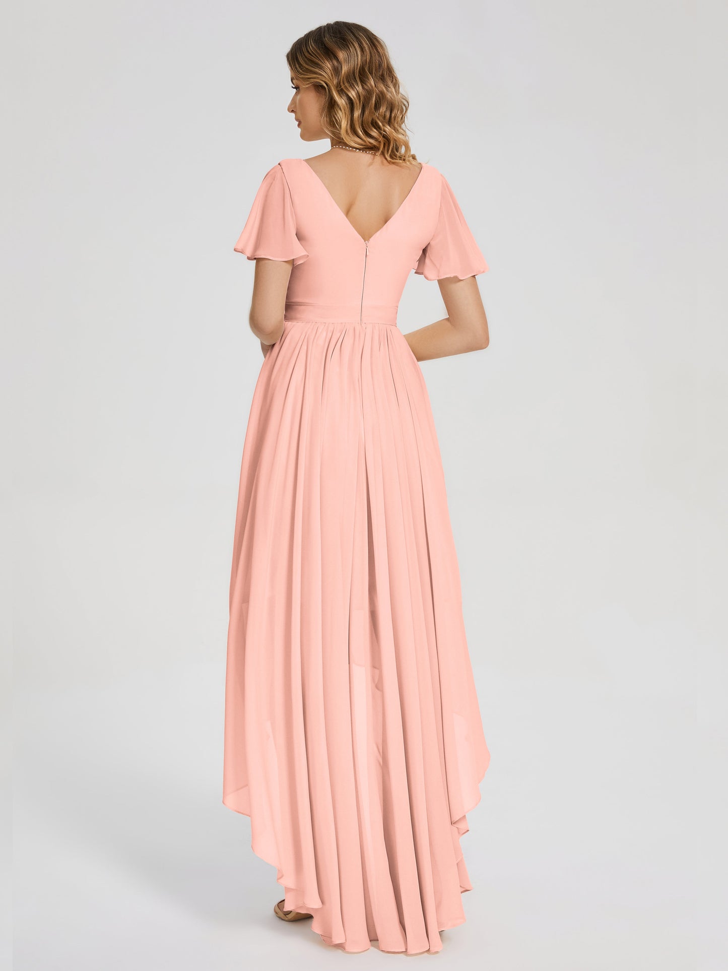 Evangeline High Low Short Sleeves Chiffon Bridesmaid Dress