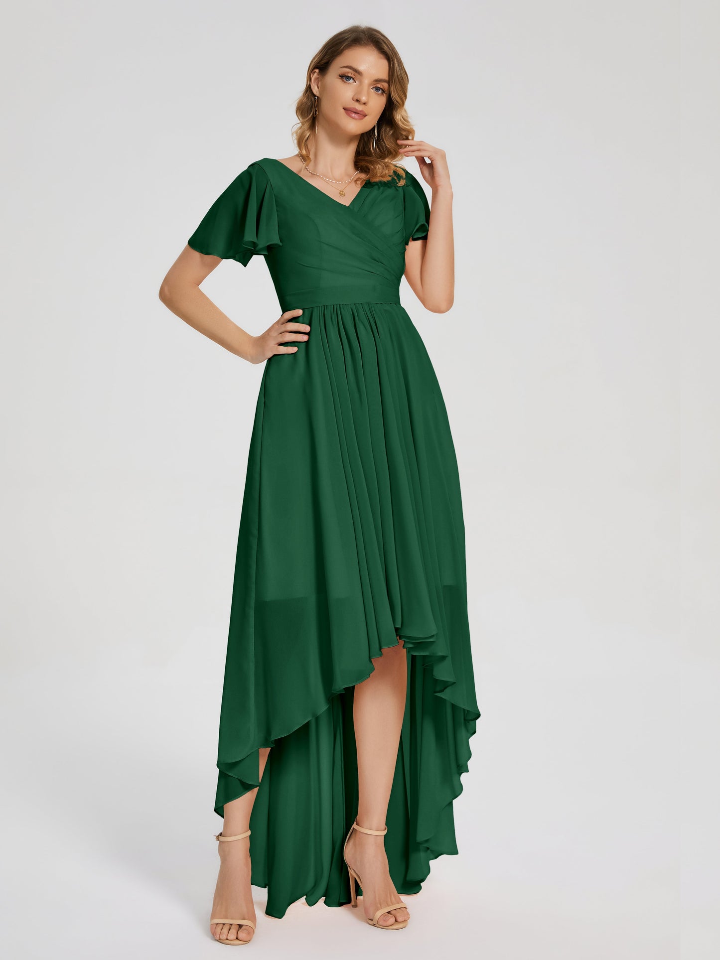 Evangeline High Low Short Sleeves Chiffon Bridesmaid Dress