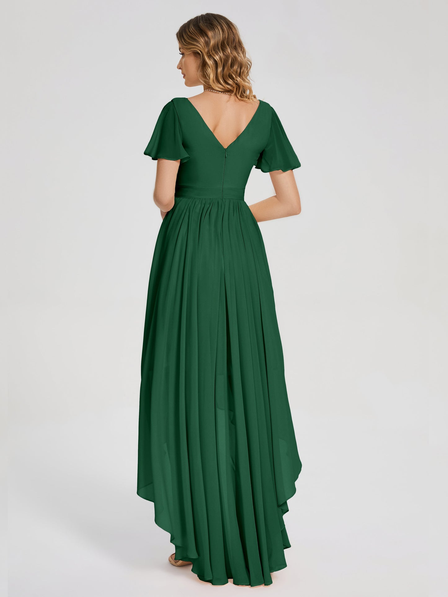 Evangeline High Low Short Sleeves Chiffon Bridesmaid Dress