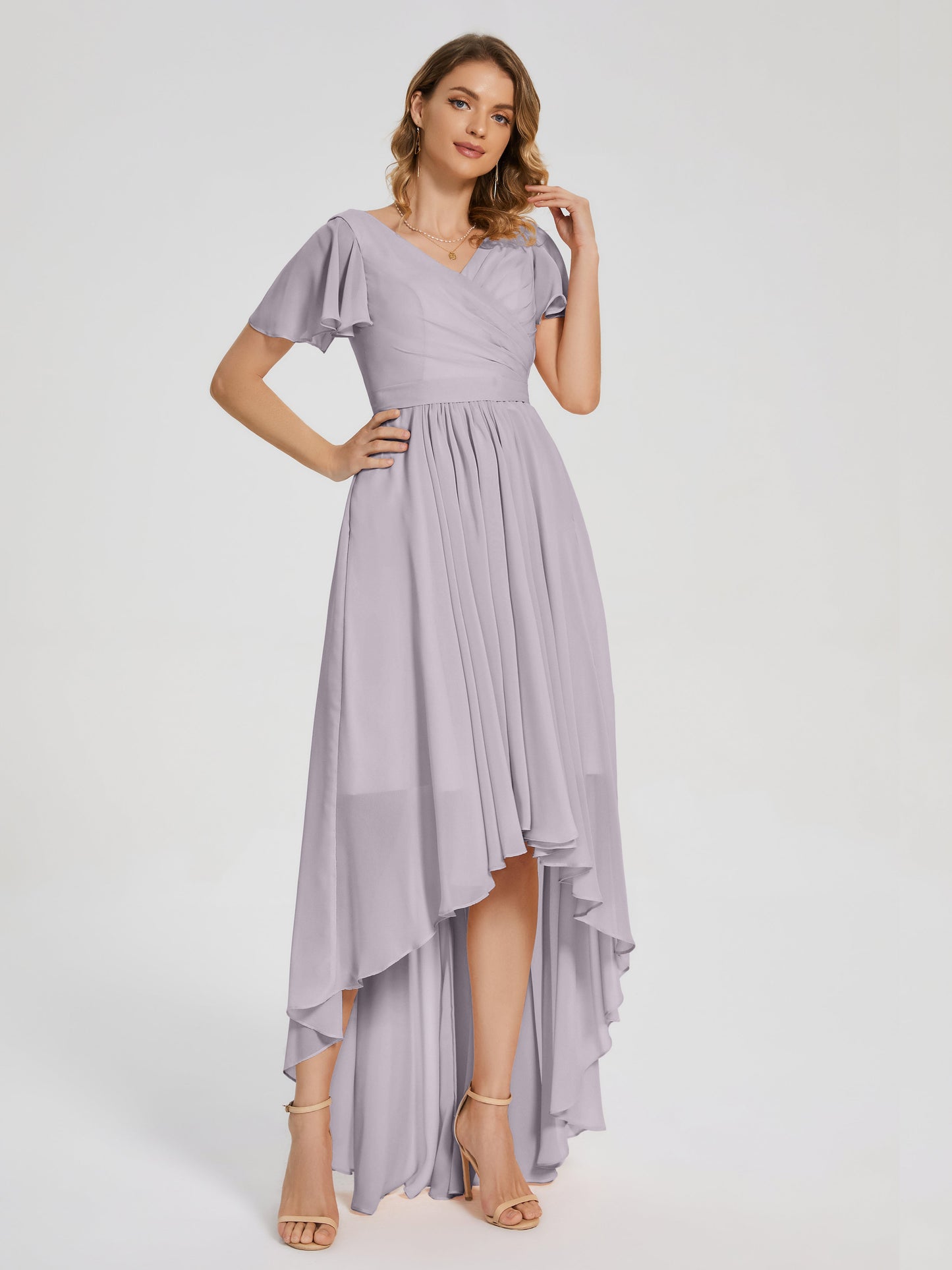 Evangeline High Low Short Sleeves Chiffon Bridesmaid Dress