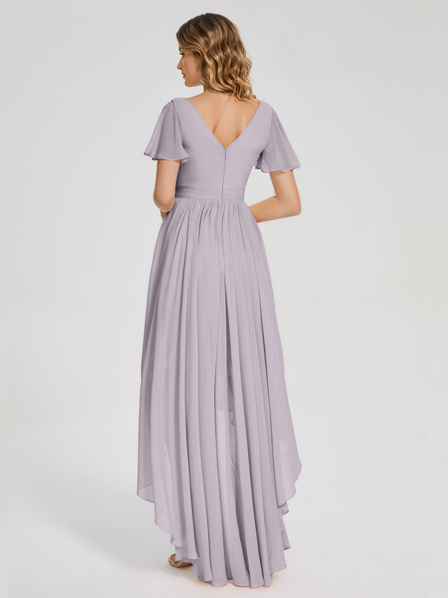 Evangeline High Low Short Sleeves Chiffon Bridesmaid Dress