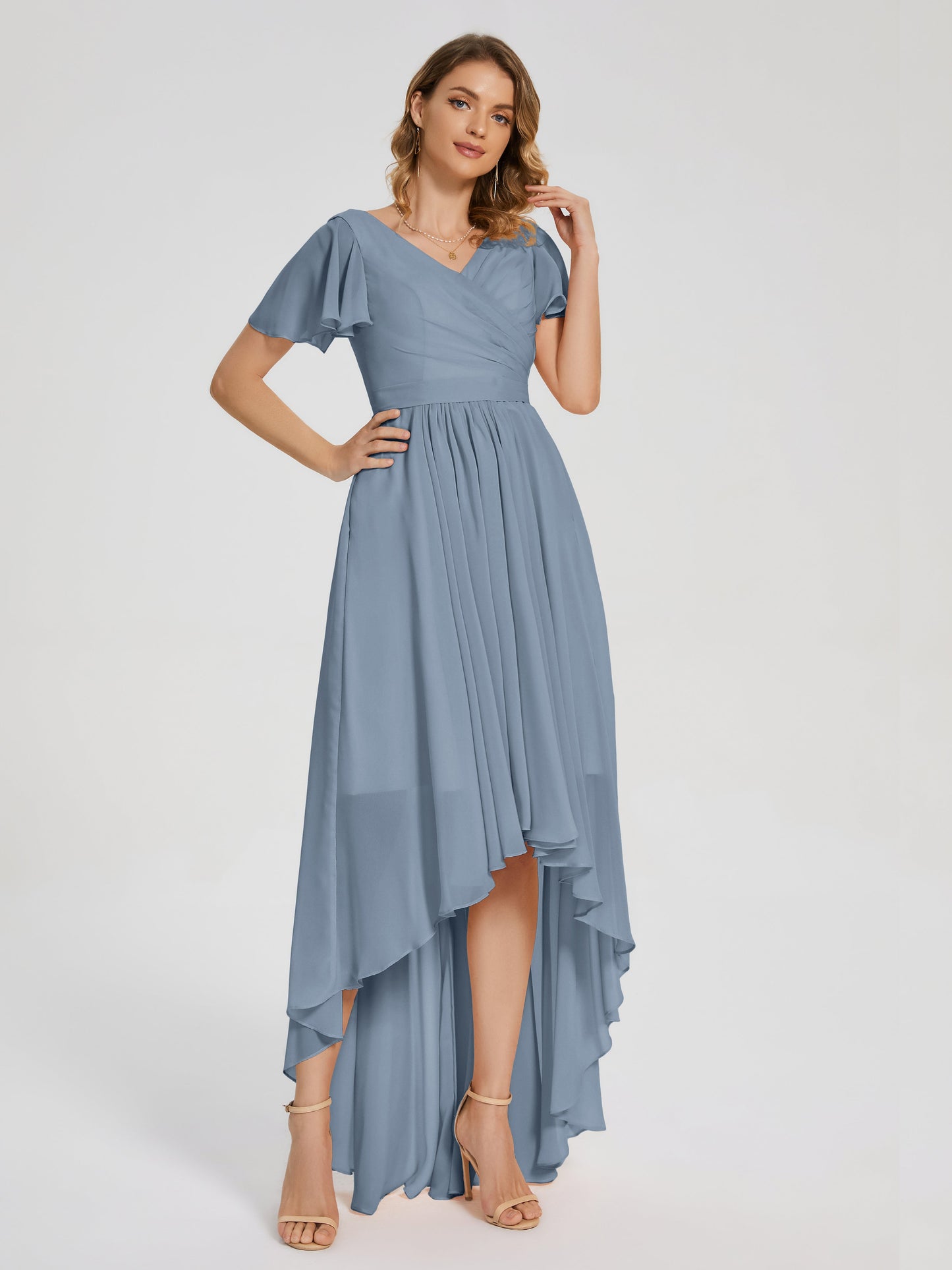 Evangeline High Low Short Sleeves Chiffon Bridesmaid Dress