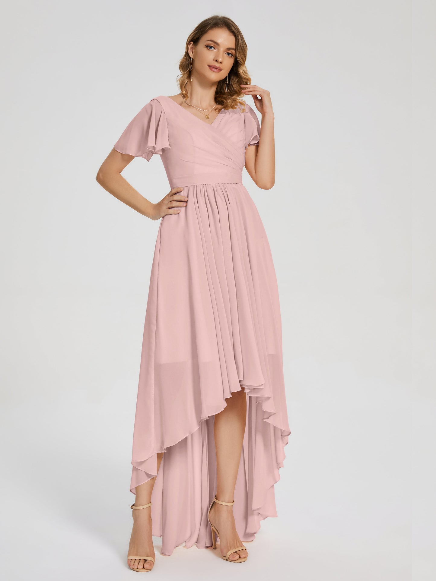 Evangeline High Low Short Sleeves Chiffon Bridesmaid Dress