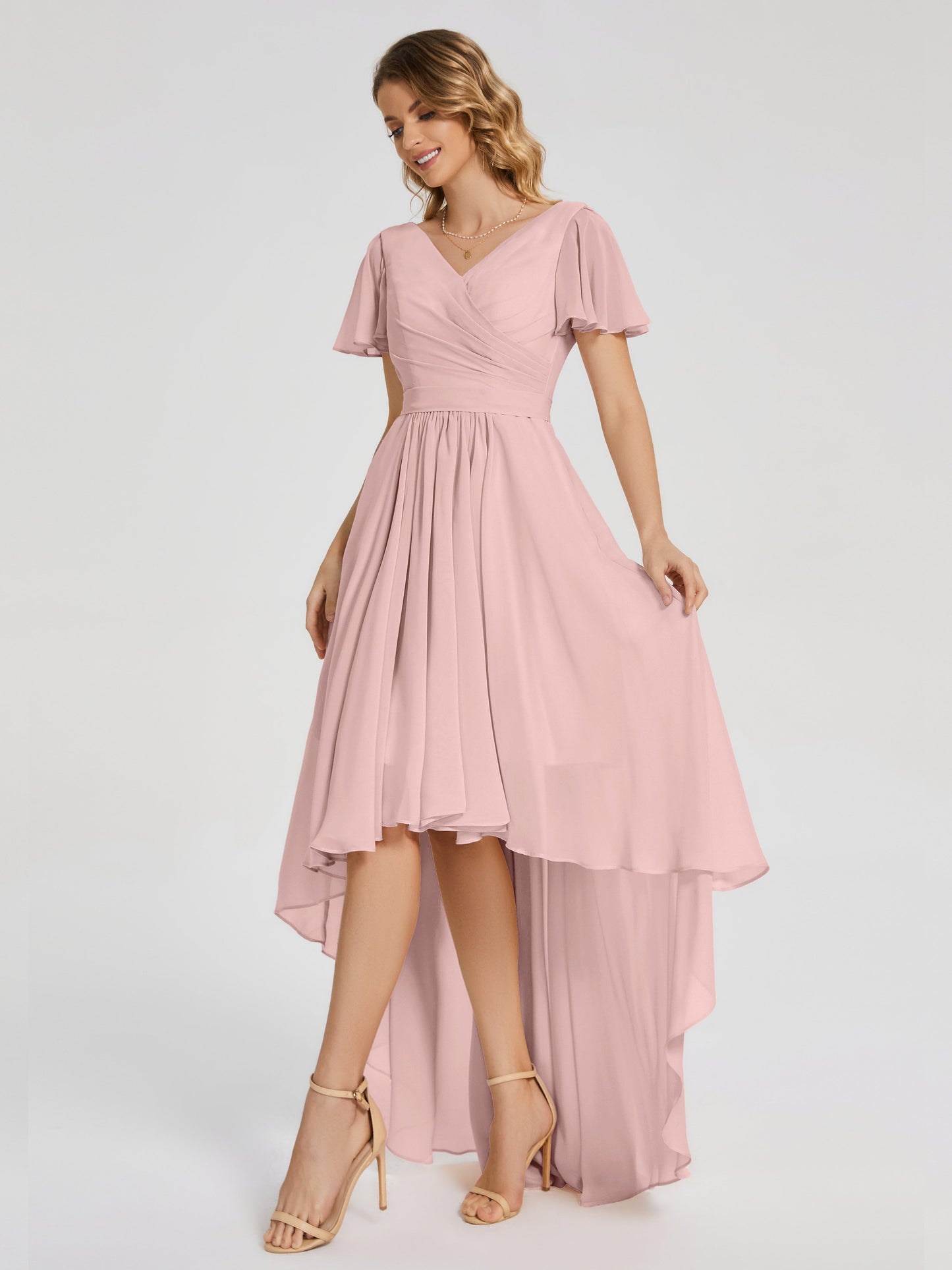 Evangeline High Low Short Sleeves Chiffon Bridesmaid Dress
