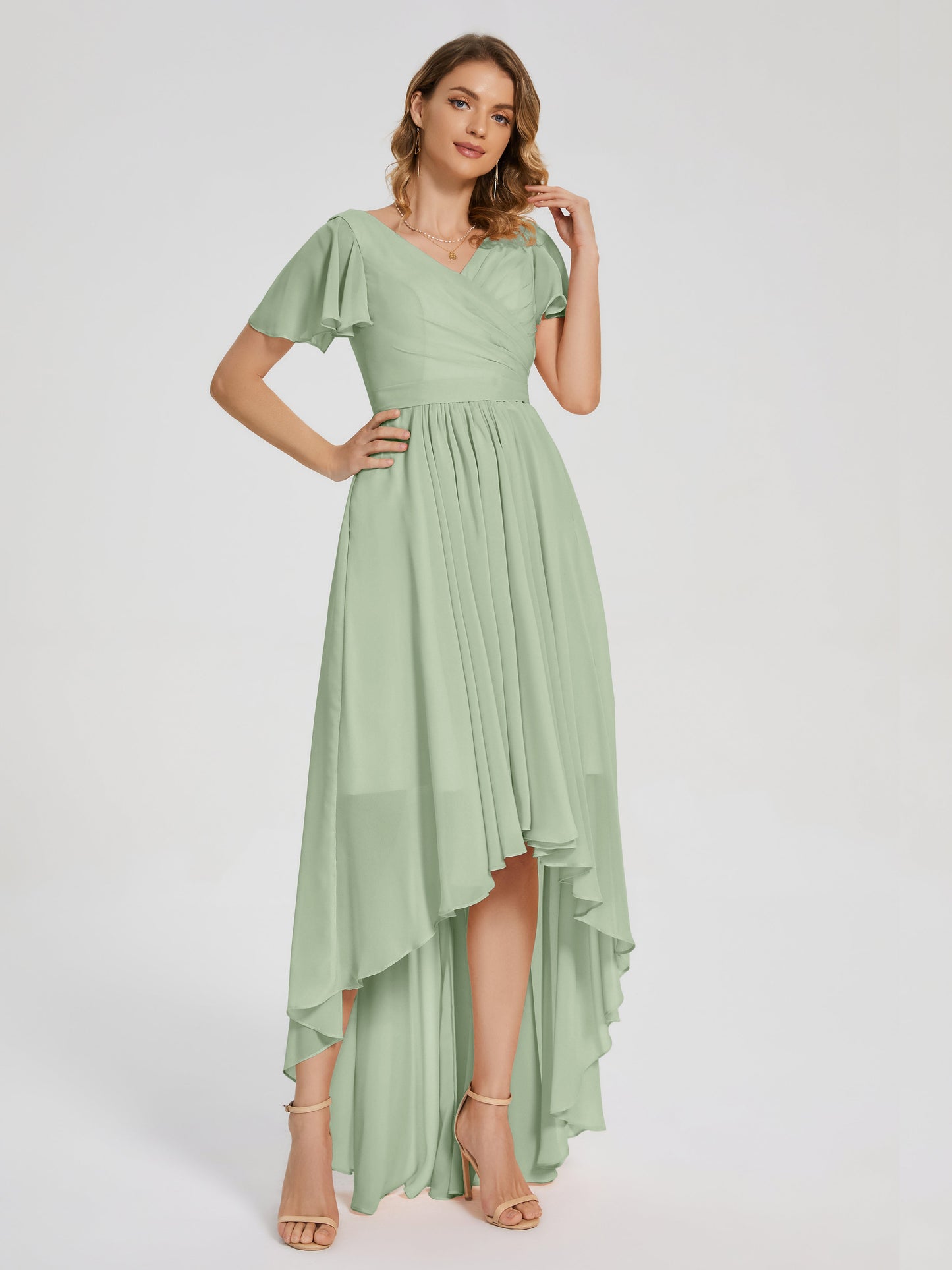 Evangeline High Low Short Sleeves Chiffon Bridesmaid Dress
