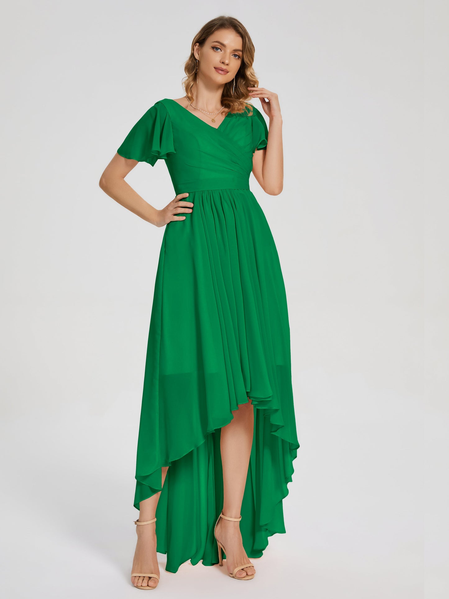 Evangeline High Low Short Sleeves Chiffon Bridesmaid Dress