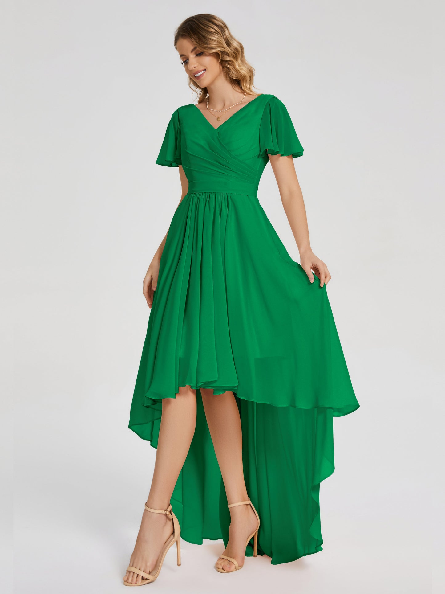 Evangeline High Low Short Sleeves Chiffon Bridesmaid Dress