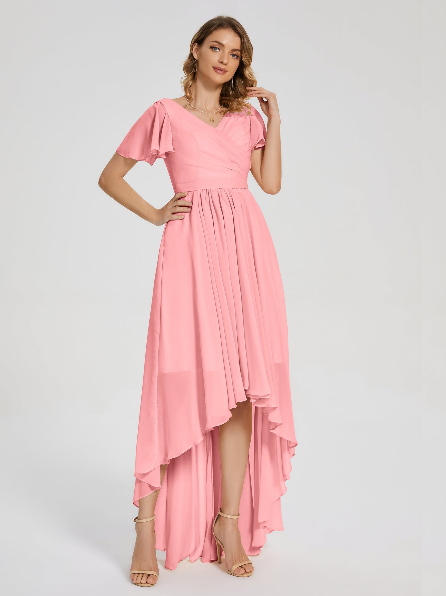 Evangeline High Low Short Sleeves Chiffon Bridesmaid Dress