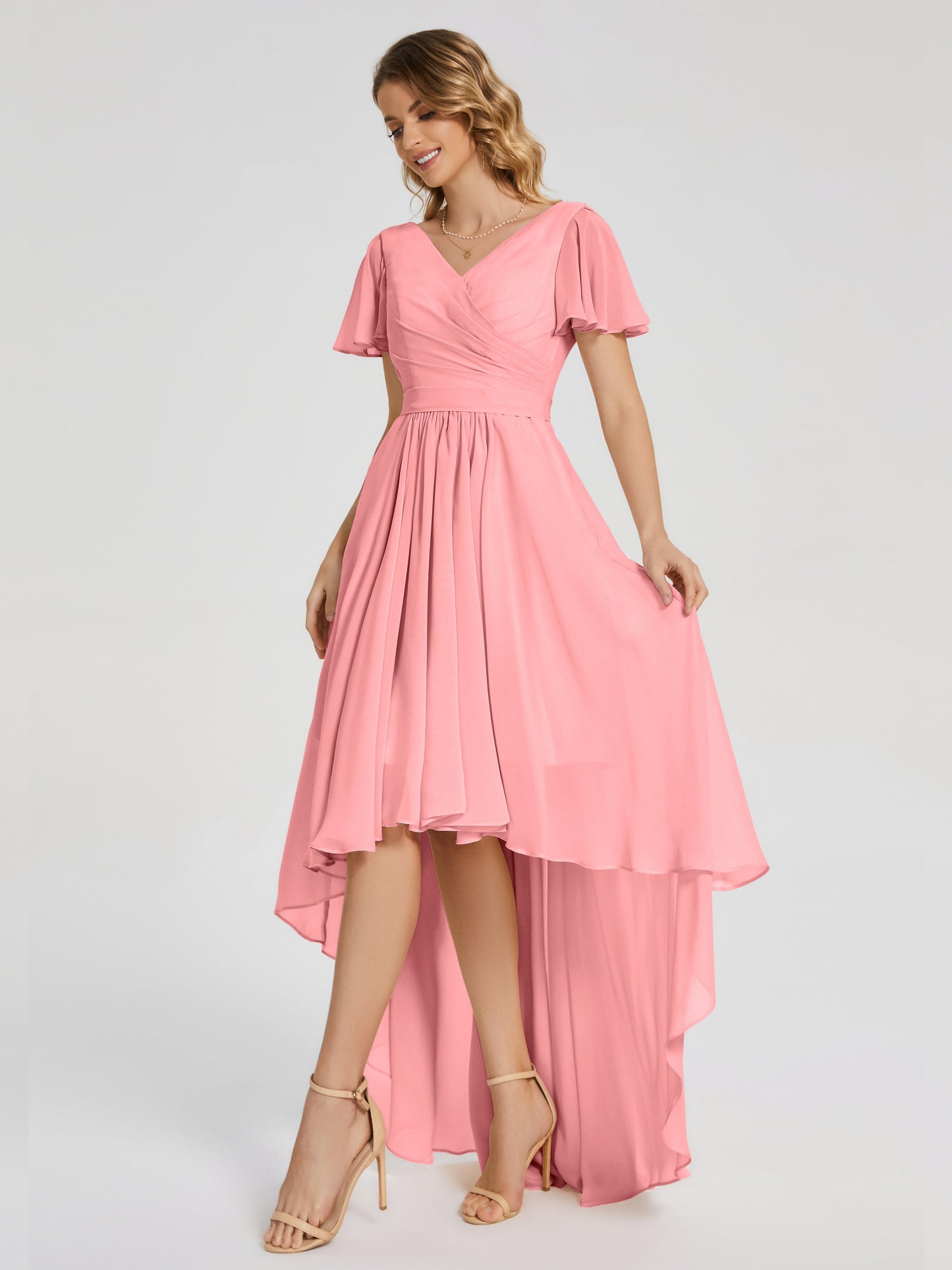 Evangeline High Low Short Sleeves Chiffon Bridesmaid Dress