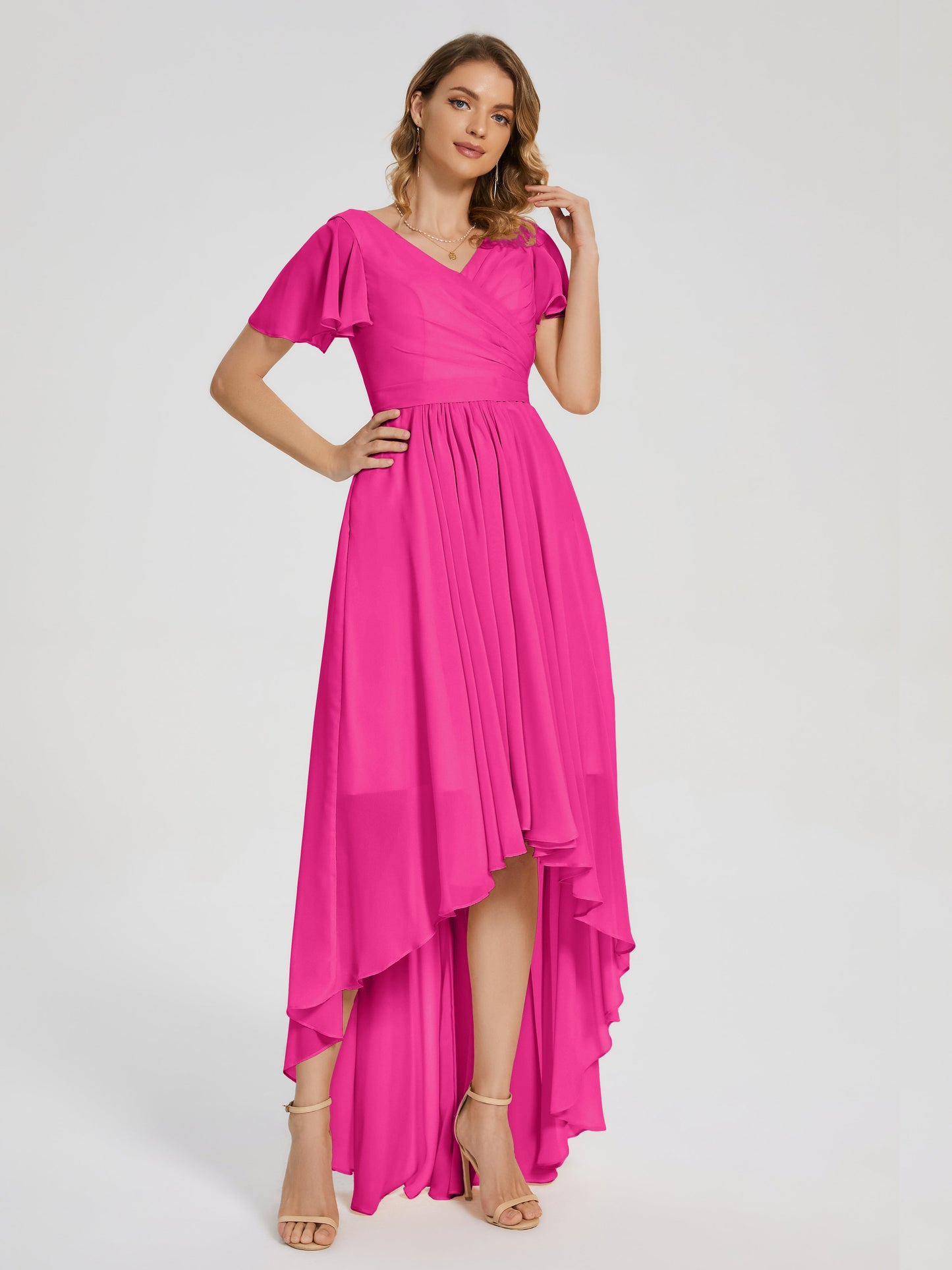 Evangeline High Low Short Sleeves Chiffon Bridesmaid Dress