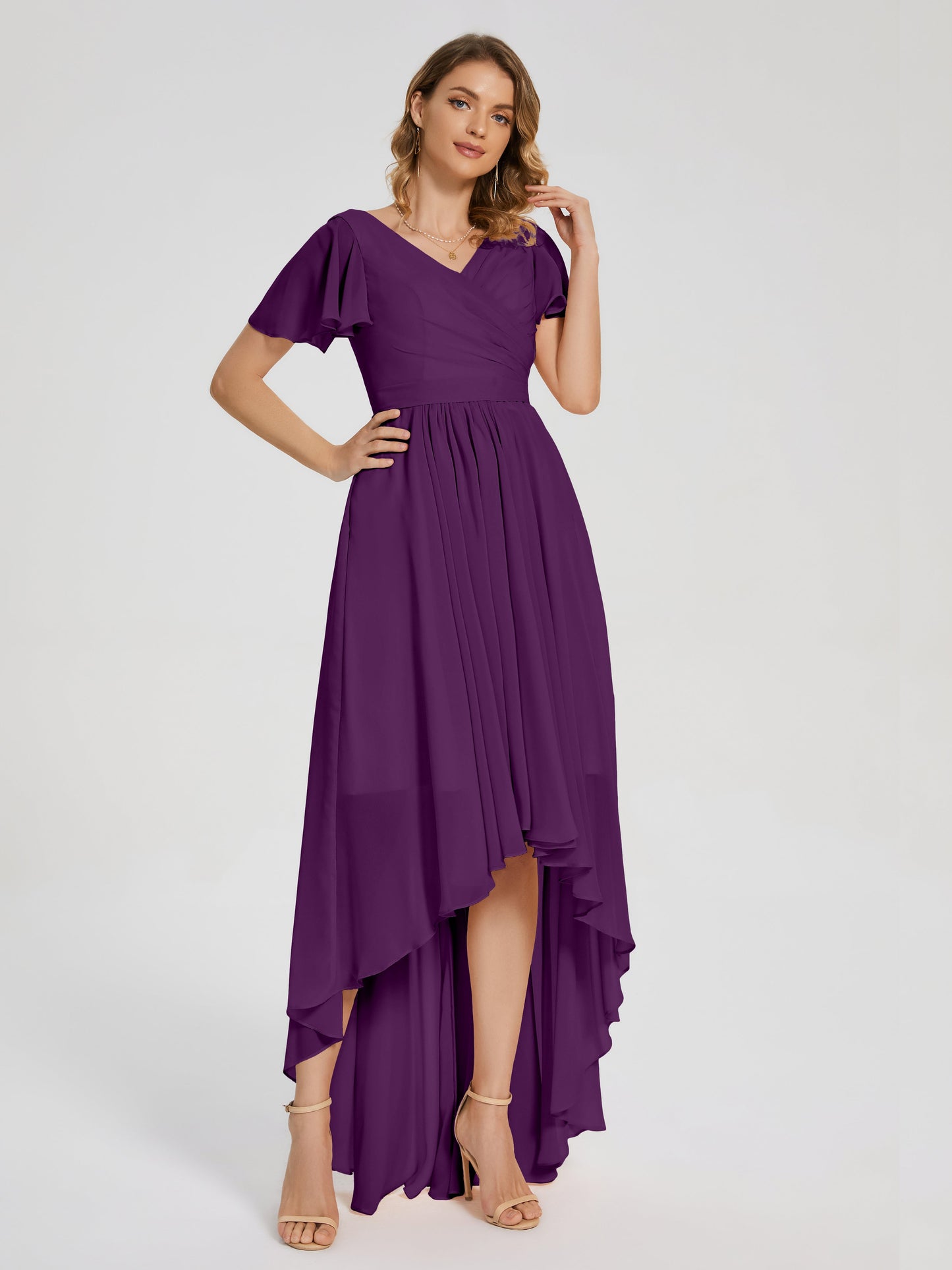 Evangeline High Low Short Sleeves Chiffon Bridesmaid Dress