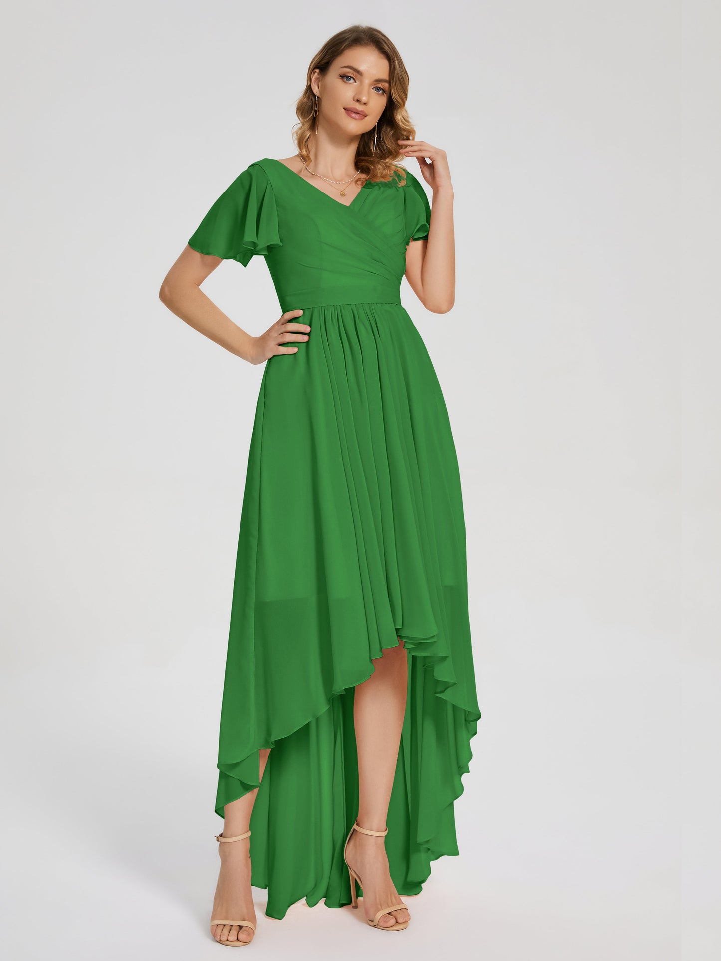 Evangeline High Low Short Sleeves Chiffon Bridesmaid Dress