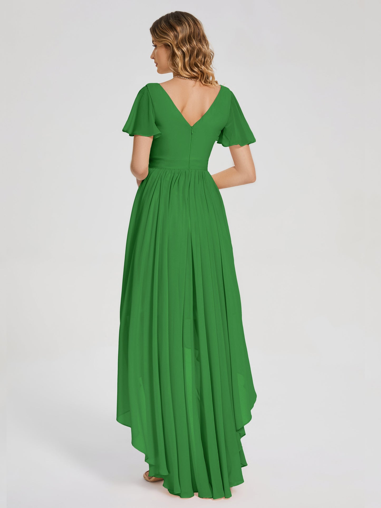 Evangeline High Low Short Sleeves Chiffon Bridesmaid Dress